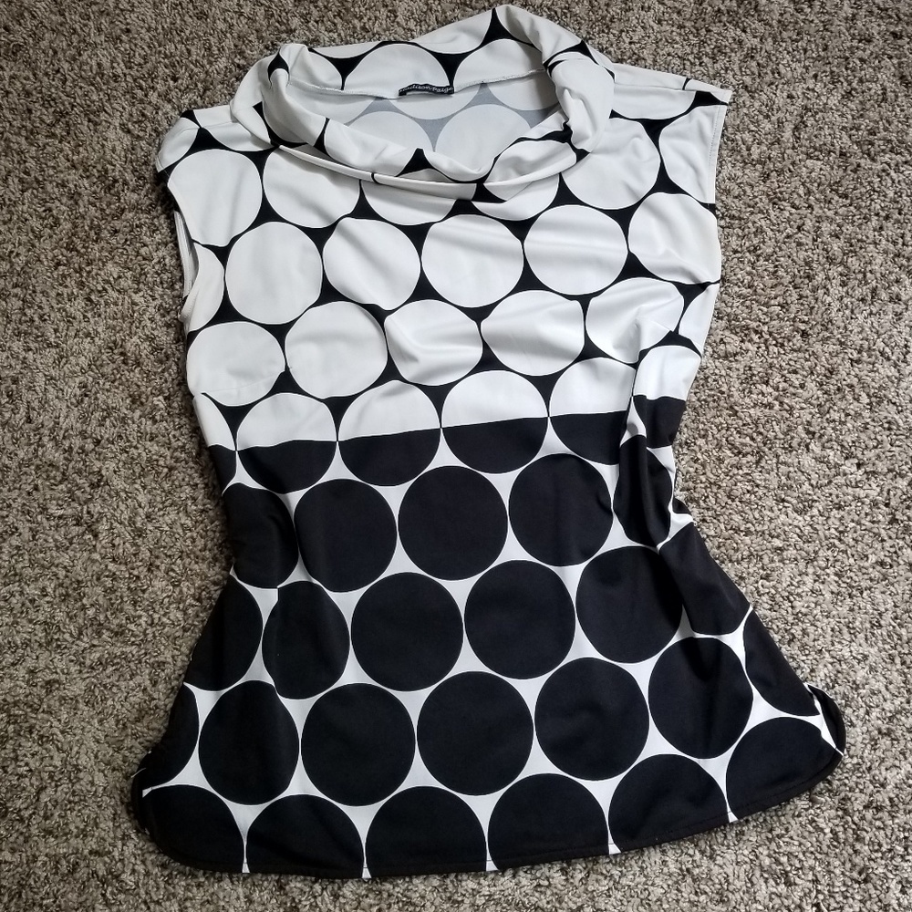 Madison Paige, blk & wht cowl neck top